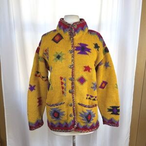Vintage Newari Icelandic Design Wool Yellow Geometric Aztec Cardigan Sz S/M